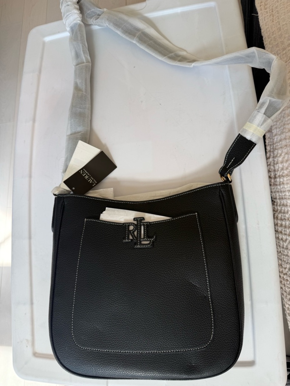 Ralph Lauren Black Pebbled Leather RL Patch Shoulder Bag